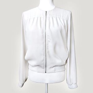 Laundry By Shelli Segal Zippered White Silky Collarless Bomber Jacket, fits 2-4